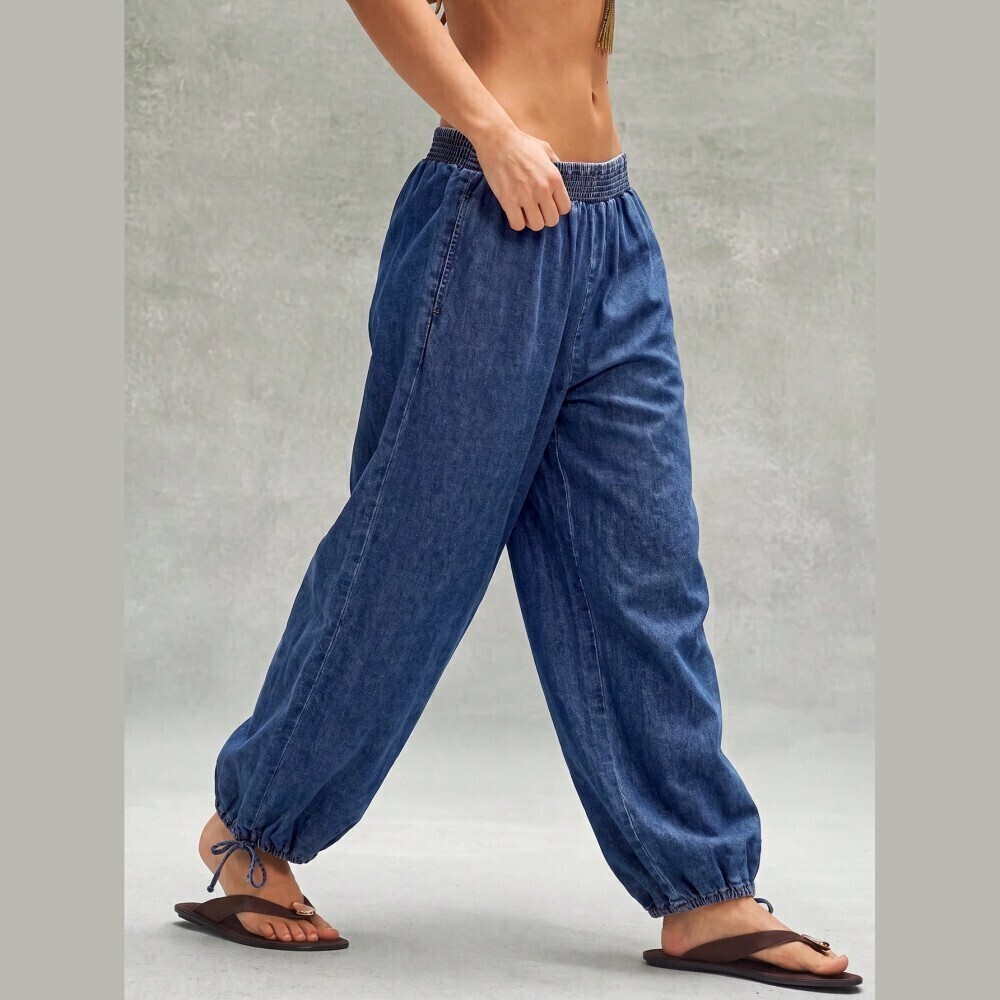 Blue Denim Smocked Waist Cinched Ankle Harem Jean Joggers Pants